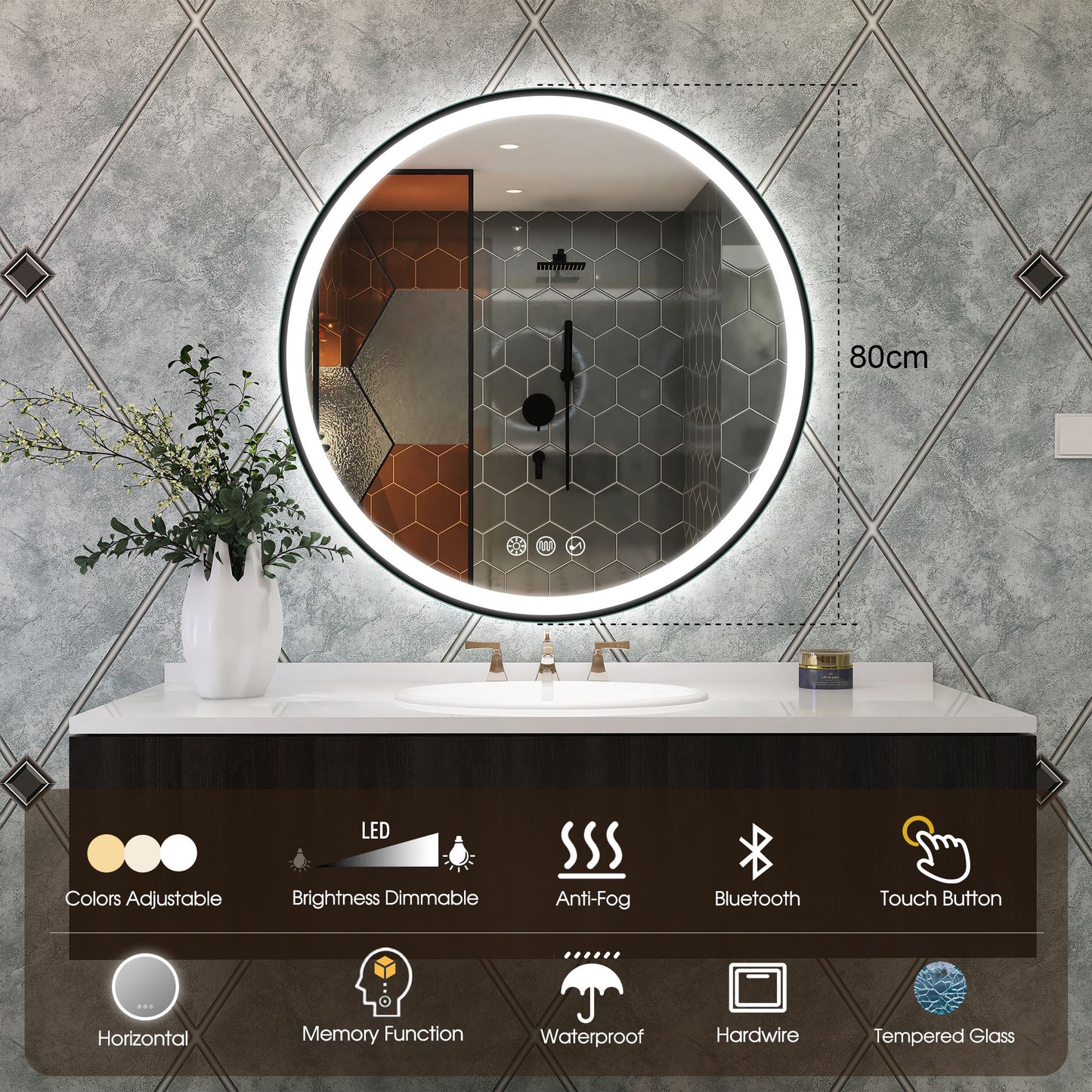 STARLEAD LED-Badrundspiegel 80 cm – Dimmbar, Bluetooth, Antibeschlag, IP44