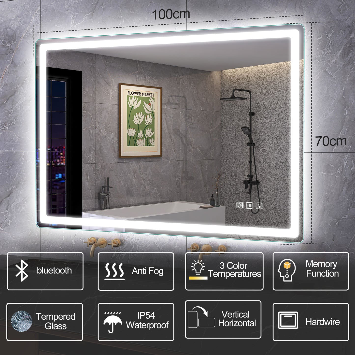 STARLEAD LED-Badspiegel 100x70cm – Bluetooth, Dimmbar, Entfoggen, IP44