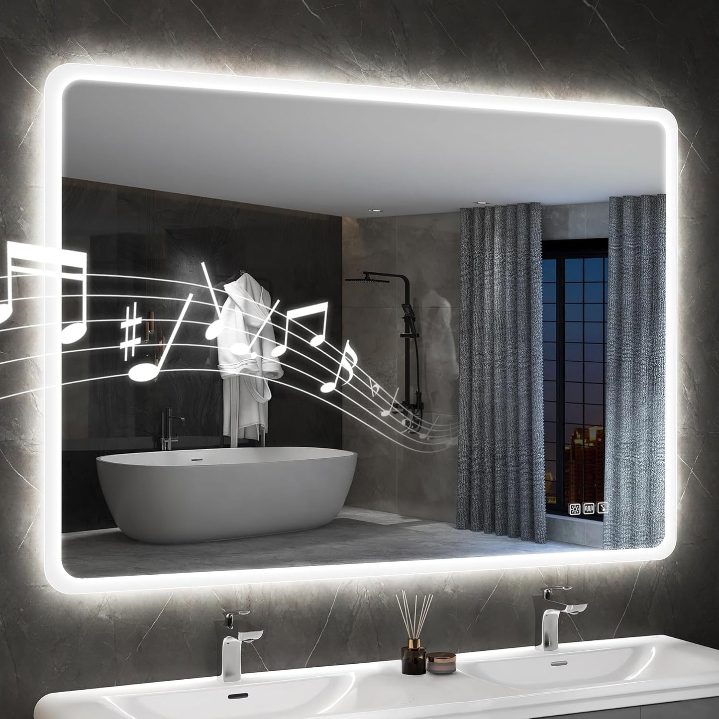 Xmirror 47"x35.2" LED-Lighted-Bathroom-Mirror, Wall-Mounted-Dimmable-Vanity-Mirror, Bluetooth Speaker